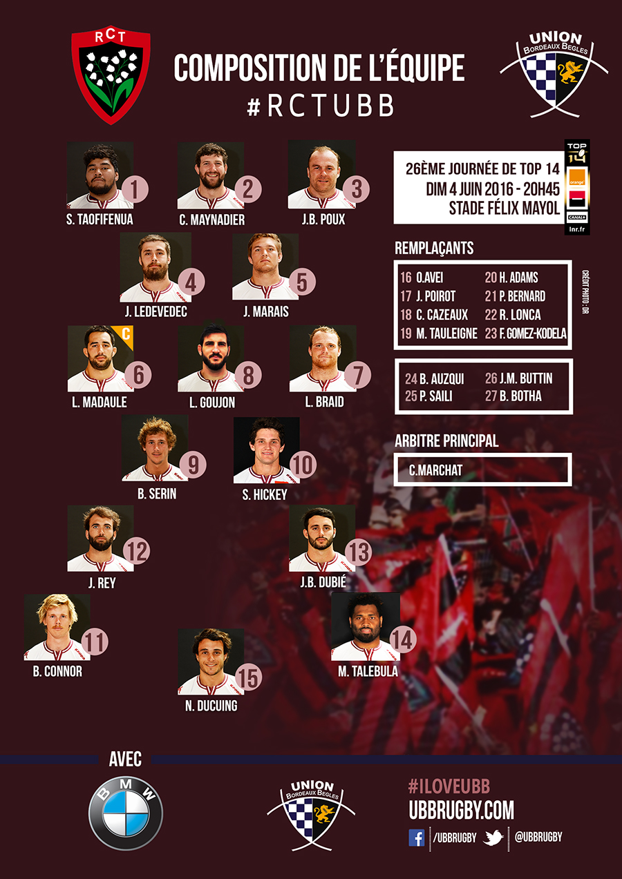 La compo face à Toulon Actualités Union Bordeaux Bègles (UBB Rugby