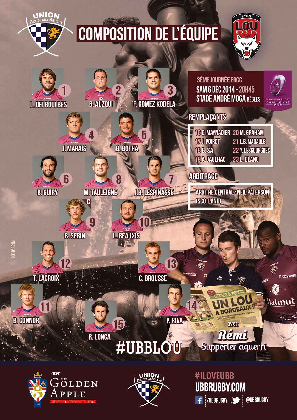 Composition ERCC UBB - LOU LYON - saison 2014-2015